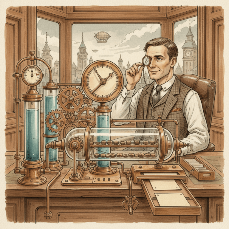 Steampunk-style late-1800s vision of the future showing a calm Victorian business analyst beside a brass reporting machine with clocks, gears and delayed counters, for an article about Microsoft Ads conversion delays