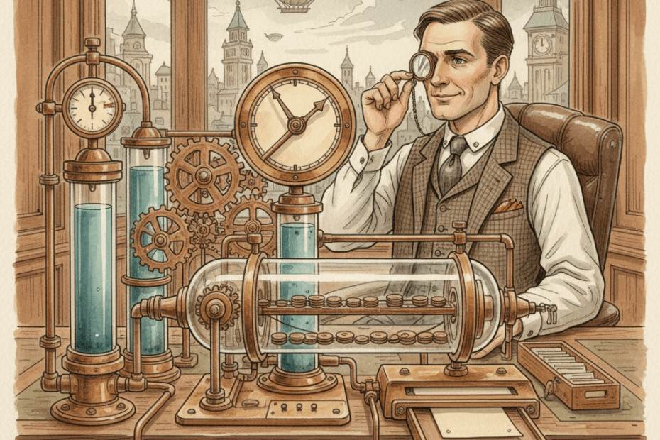 Steampunk-style late-1800s vision of the future showing a calm Victorian business analyst beside a brass reporting machine with clocks, gears and delayed counters, for an article about Microsoft Ads conversion delays