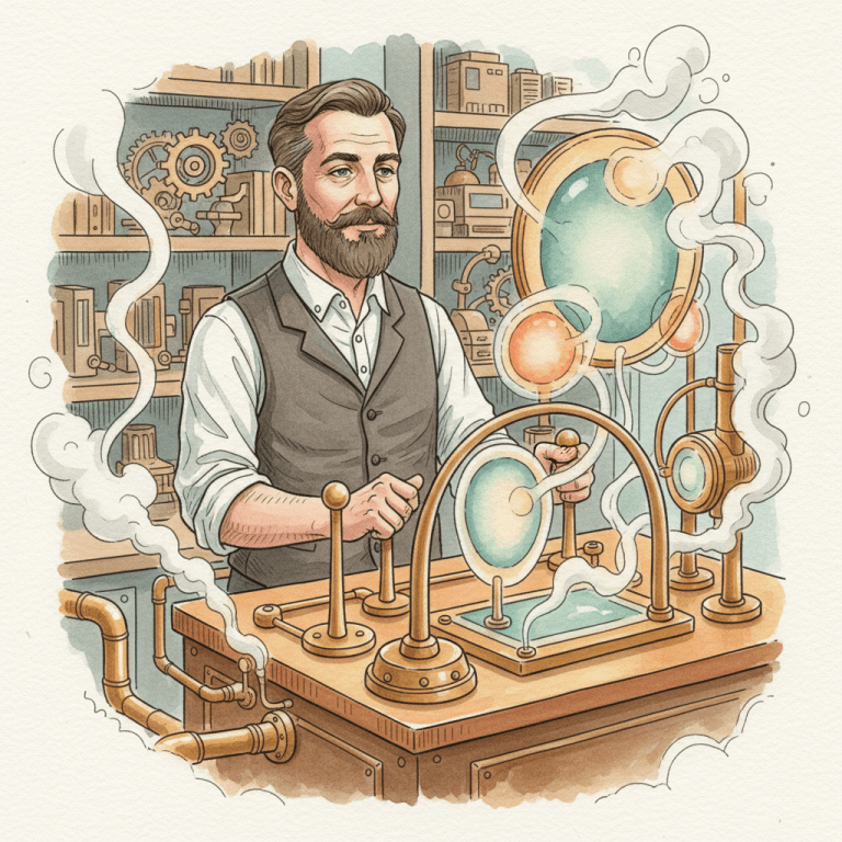Steampunk watercolour illustration of a local business owner adjusting a brass advertising engine with gauges, audience tokens and network pathways, for an article about new Google Performance Max controls and reporting.