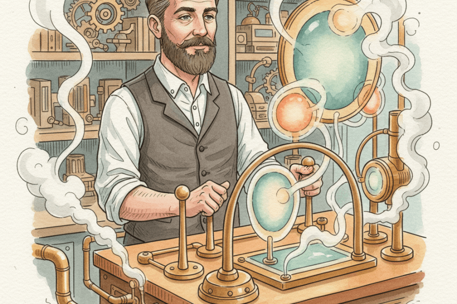 Steampunk watercolour illustration of a local business owner adjusting a brass advertising engine with gauges, audience tokens and network pathways, for an article about new Google Performance Max controls and reporting.