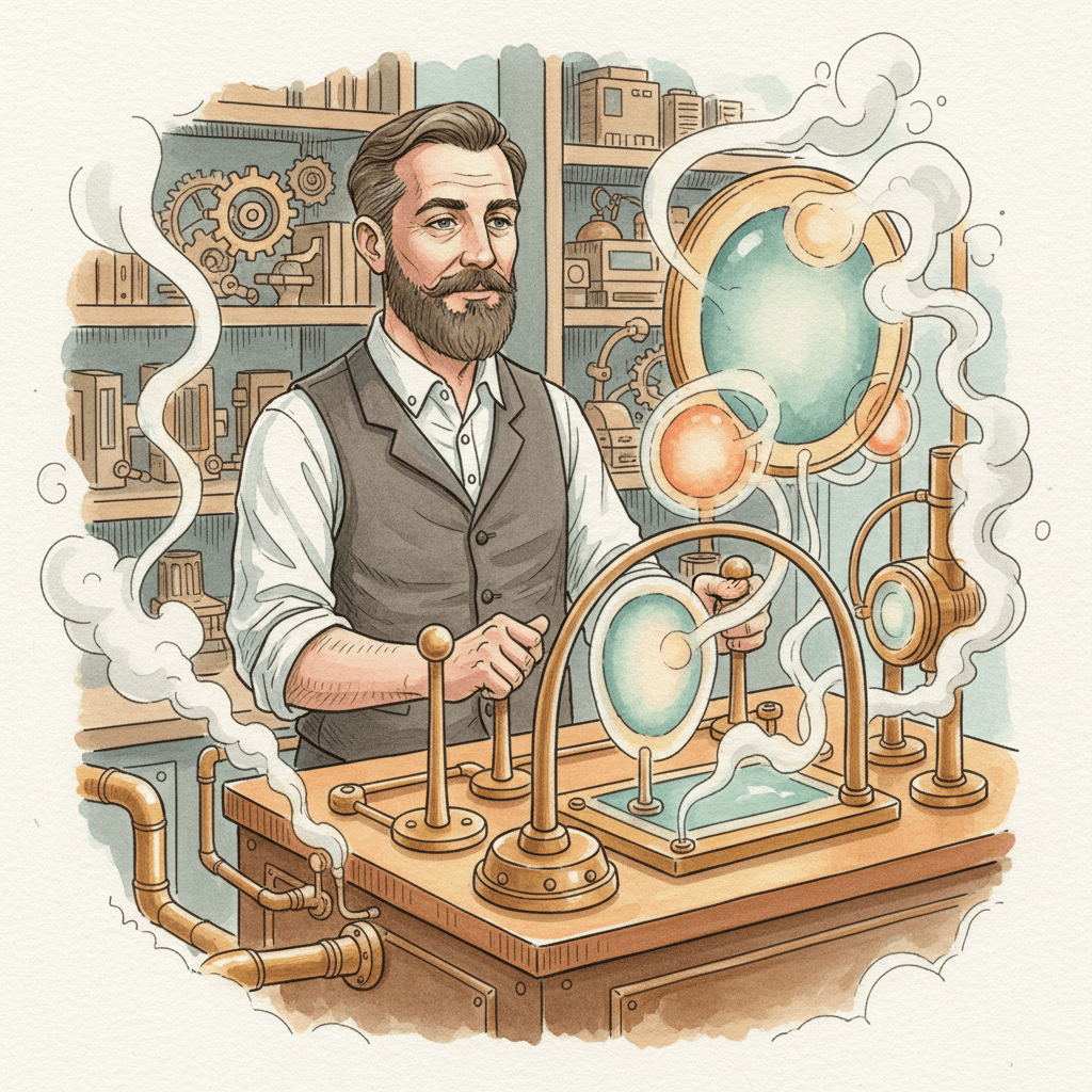 Steampunk watercolour illustration of a local business owner adjusting a brass advertising engine with gauges, audience tokens and network pathways, for an article about new Google Performance Max controls and reporting.