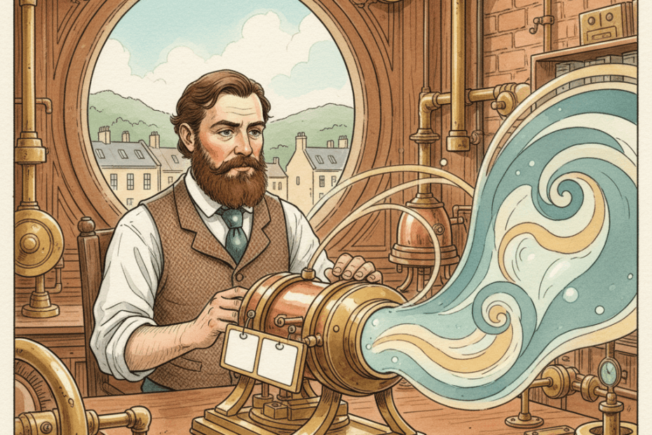 Steampunk watercolour illustration of a local business owner turning a set of still product images into a short moving advert using a brass-and-glass projection machine, for an article about Veo in Google Ads.