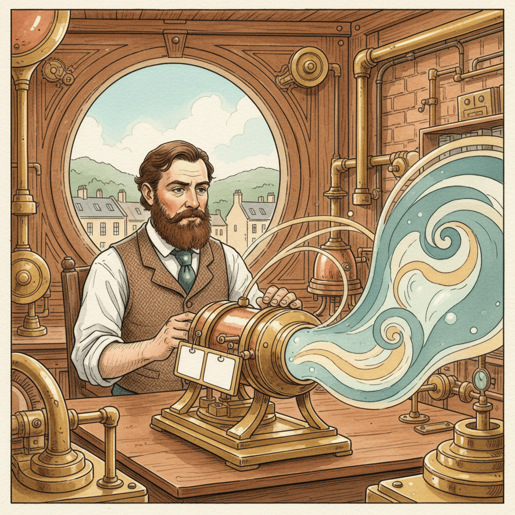 Steampunk watercolour illustration of a local business owner turning a set of still product images into a short moving advert using a brass-and-glass projection machine, for an article about Veo in Google Ads.
