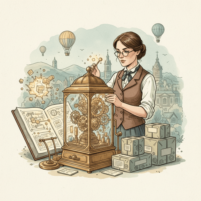 Steampunk watercolour illustration of a South West shop owner carefully switching a brass-and-glass online storefront from an old domain to a new one, with parcels and product tags but no visible text.