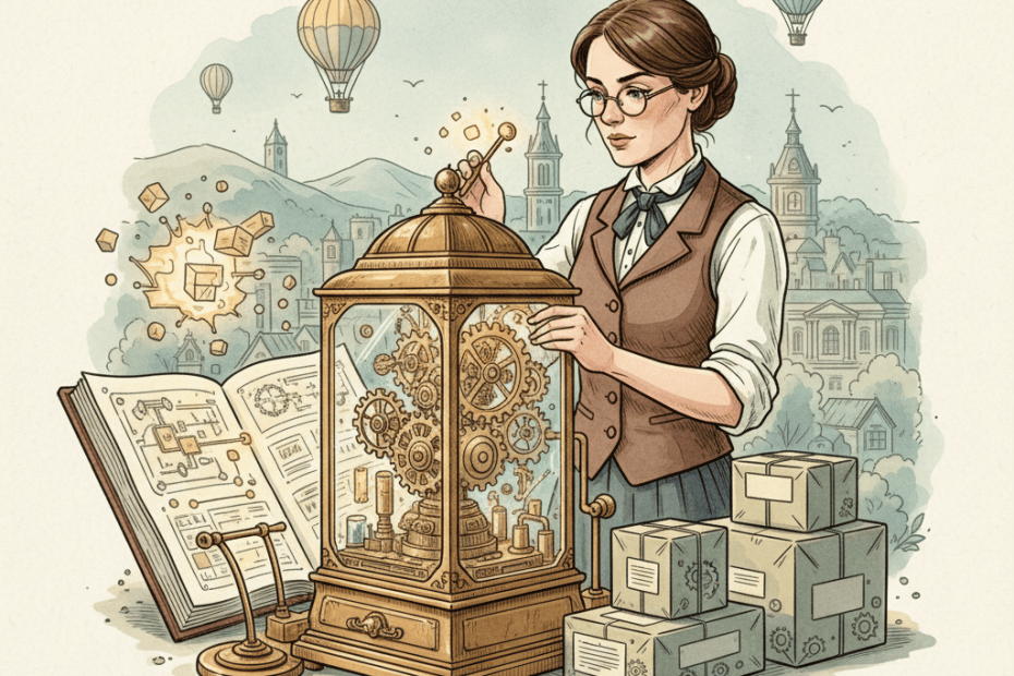 Steampunk watercolour illustration of a South West shop owner carefully switching a brass-and-glass online storefront from an old domain to a new one, with parcels and product tags but no visible text.