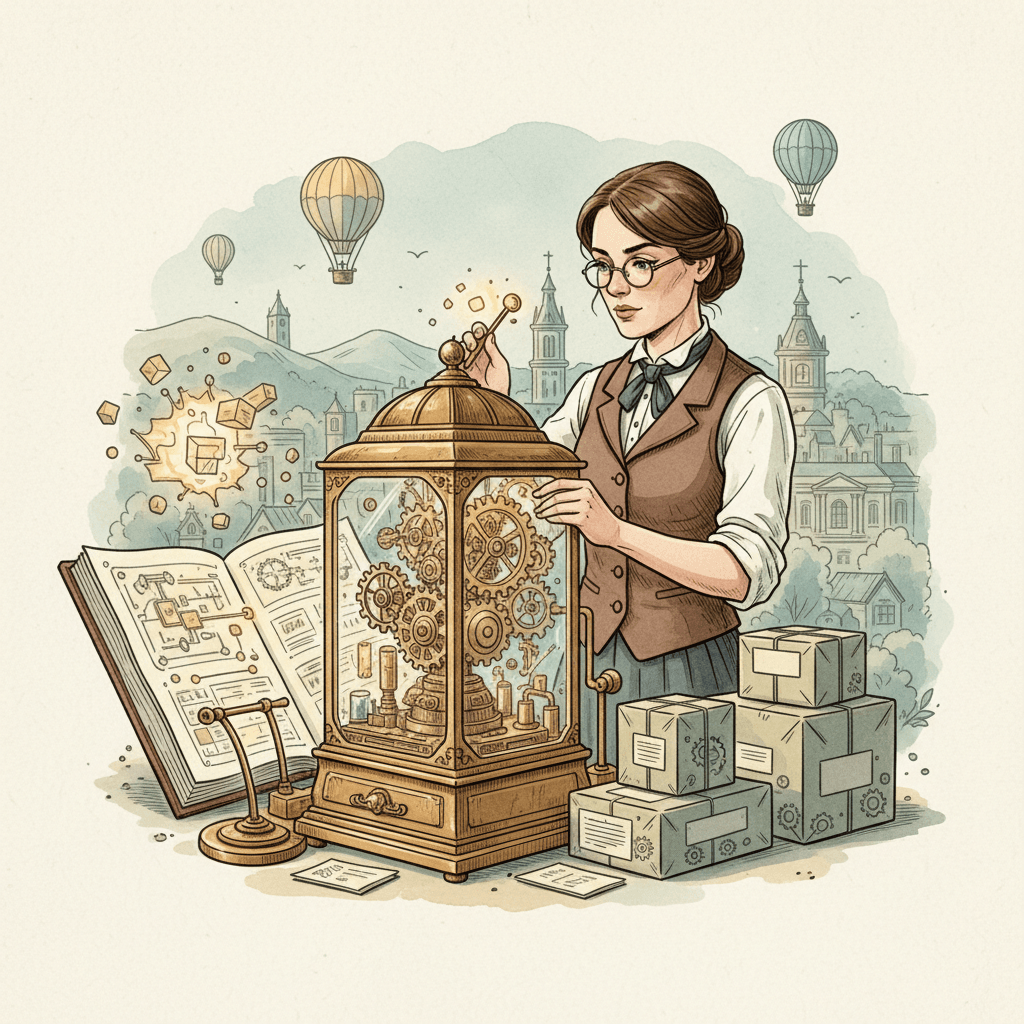 Steampunk watercolour illustration of a South West shop owner carefully switching a brass-and-glass online storefront from an old domain to a new one, with parcels and product tags but no visible text.
