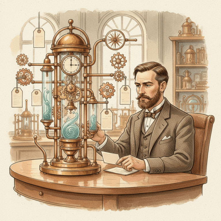 Steampunk-style late-1800s vision of the future showing a Victorian business owner studying an elegant brass machine of linked gears and blank nodes, for an article about schema markup and AI search for local businesses