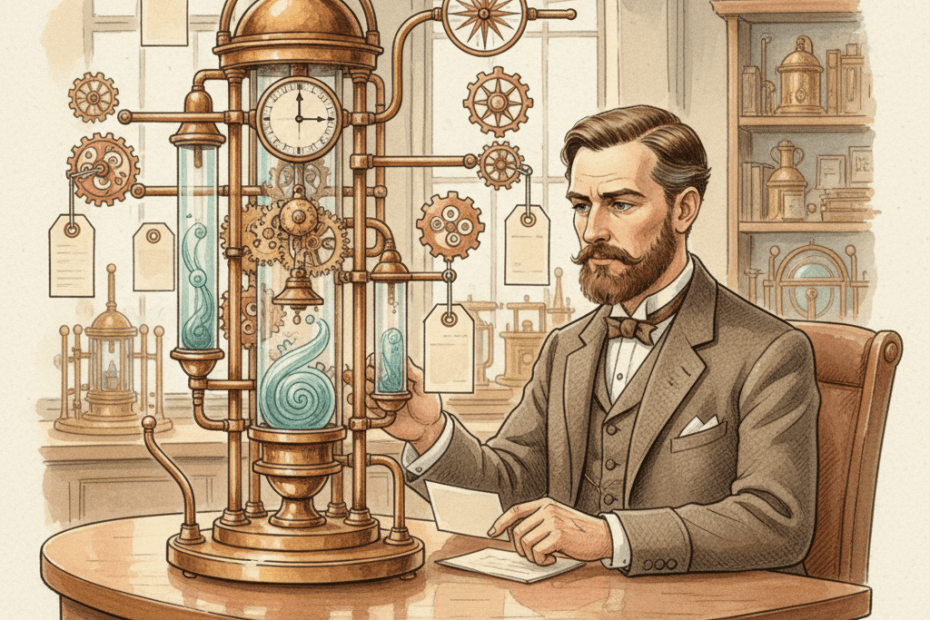 Steampunk-style late-1800s vision of the future showing a Victorian business owner studying an elegant brass machine of linked gears and blank nodes, for an article about schema markup and AI search for local businesses