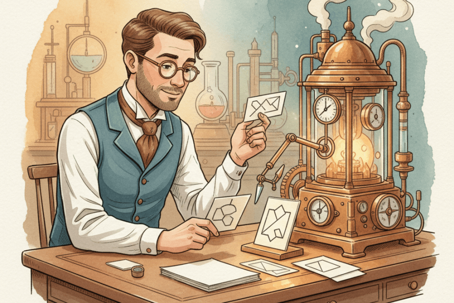 Steampunk-style late-1800s vision of the future showing a Victorian business owner refining clear ideas beside a brass analytical machine, for an article about writing clearly for AI search without sounding robotic