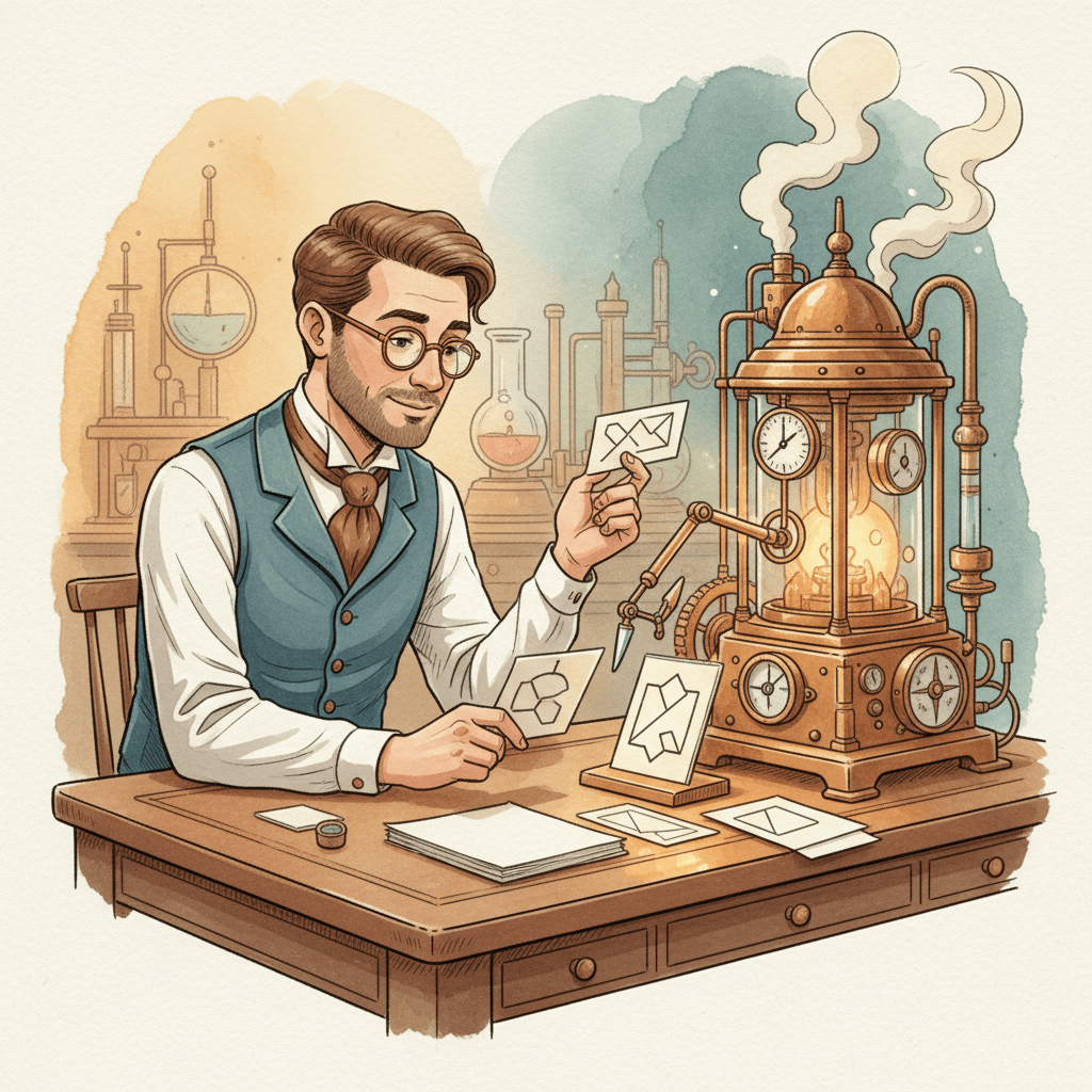 Steampunk-style late-1800s vision of the future showing a Victorian business owner refining clear ideas beside a brass analytical machine, for an article about writing clearly for AI search without sounding robotic