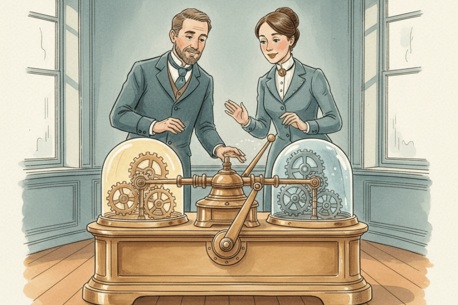 Steampunk watercolour illustration of a Bath business owner and an analyst checking a brass advertising experiment machine that is about to switch a winning test live, with no visible text.