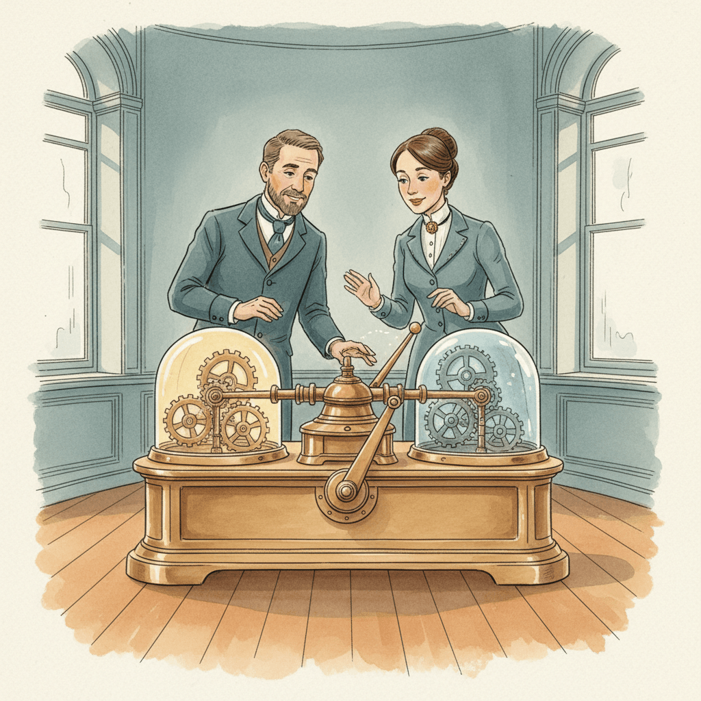 Steampunk watercolour illustration of a Bath business owner and an analyst checking a brass advertising experiment machine that is about to switch a winning test live, with no visible text.