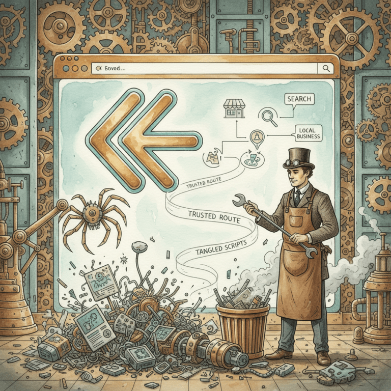 Victorian-futurist website workshop with a brass browser back arrow, tangled scripts being removed, and a calm business owner restoring a clean path home