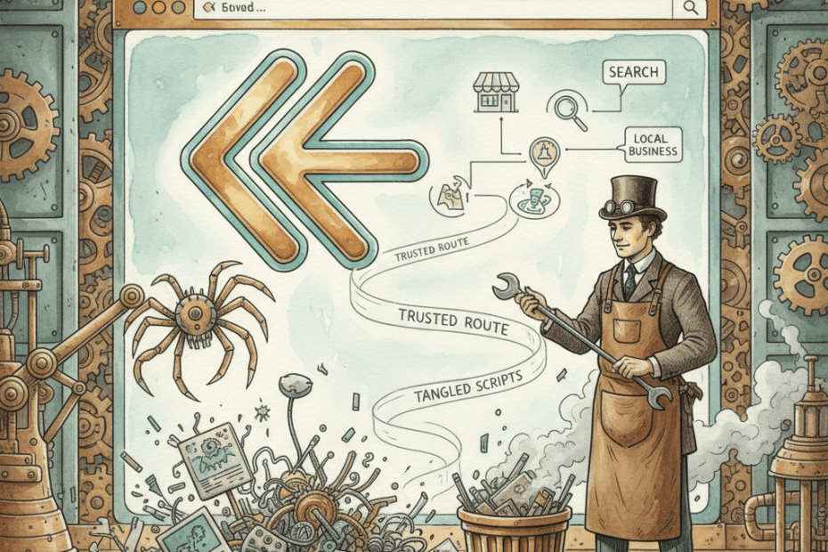 Victorian-futurist website workshop with a brass browser back arrow, tangled scripts being removed, and a calm business owner restoring a clean path home