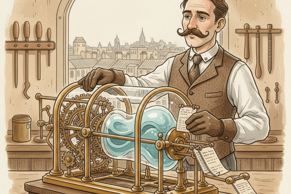 Steampunk watercolour illustration of a local advertiser in a brass-and-glass workshop carefully guiding an automated search campaign machine, for an article about Google replacing Dynamic Search Ads with AI Max.