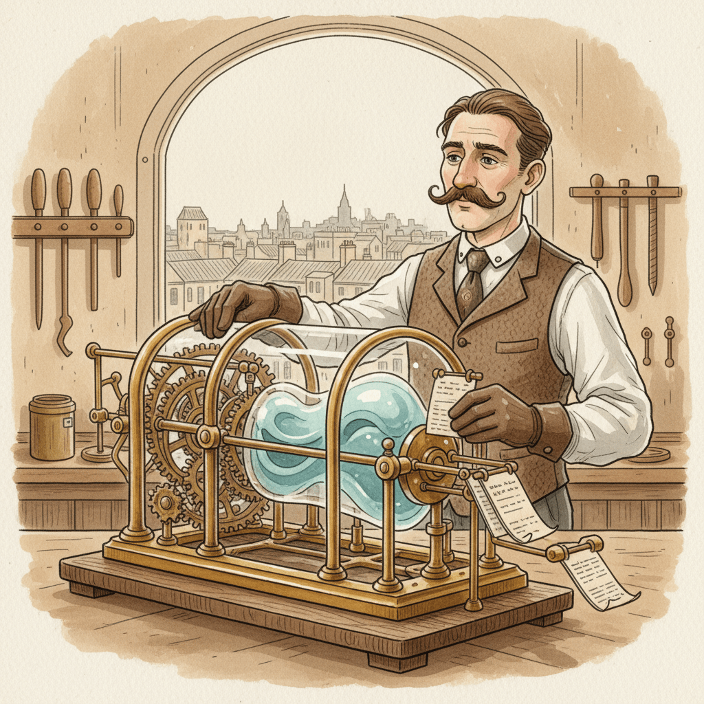 Steampunk watercolour illustration of a local advertiser in a brass-and-glass workshop carefully guiding an automated search campaign machine, for an article about Google replacing Dynamic Search Ads with AI Max.