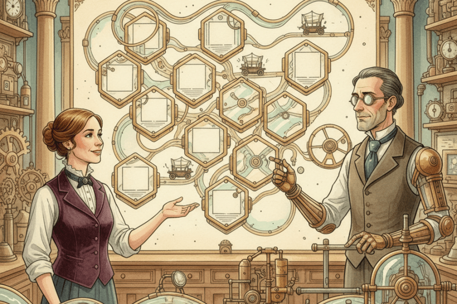 Steampunk watercolour illustration of a Bath business owner and a brass search engineer studying a glowing map of longer customer questions feeding into a tidy web of gears and links, with no visible text.