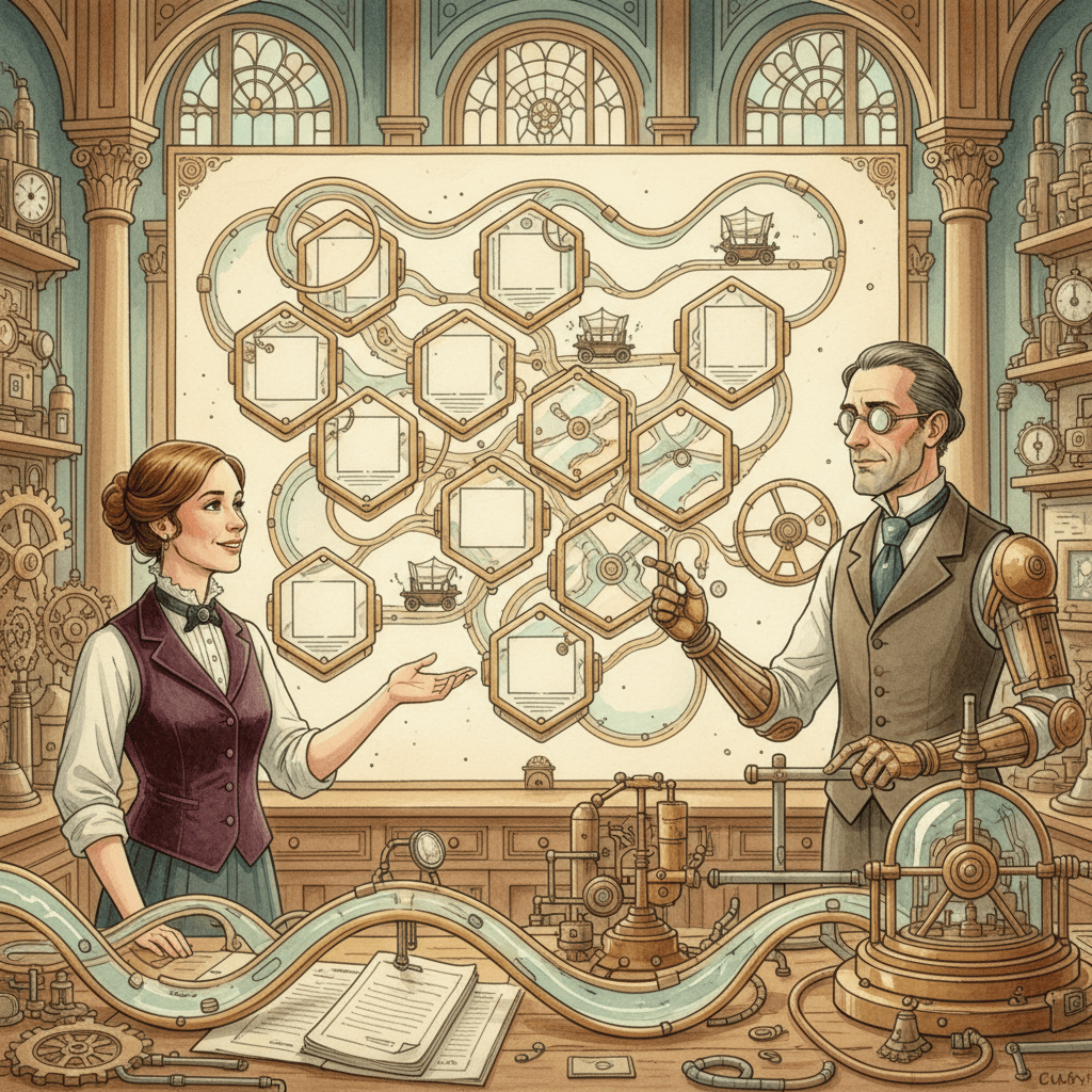 Steampunk watercolour illustration of a Bath business owner and a brass search engineer studying a glowing map of longer customer questions feeding into a tidy web of gears and links, with no visible text.