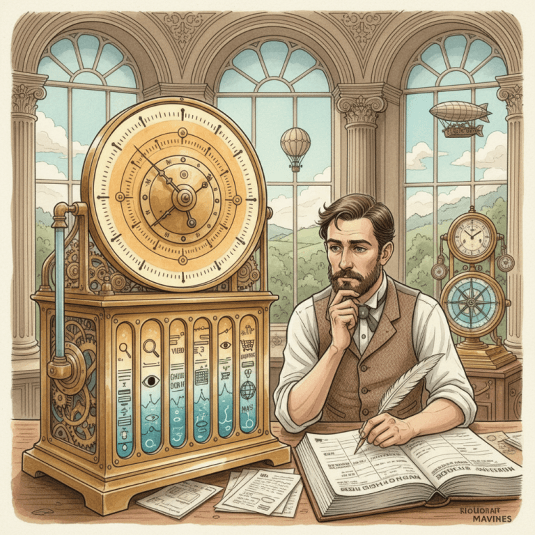 Steampunk watercolour illustration of a Bath business owner studying a brass advertising dashboard with glowing channel timelines and gauges, with no visible text.