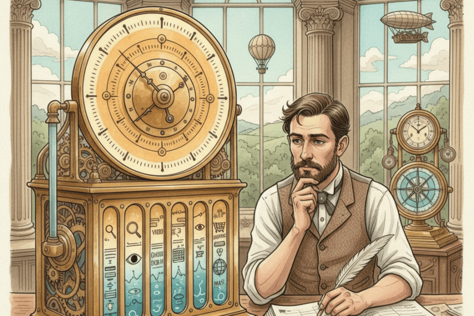 Steampunk watercolour illustration of a Bath business owner studying a brass advertising dashboard with glowing channel timelines and gauges, with no visible text.