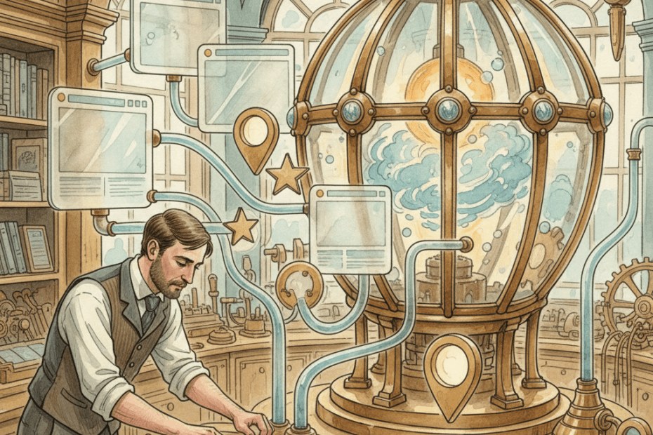 Steampunk watercolour illustration of a Bath business owner checking local business listings, web pages and AI search signals through brass instruments, with no visible text.