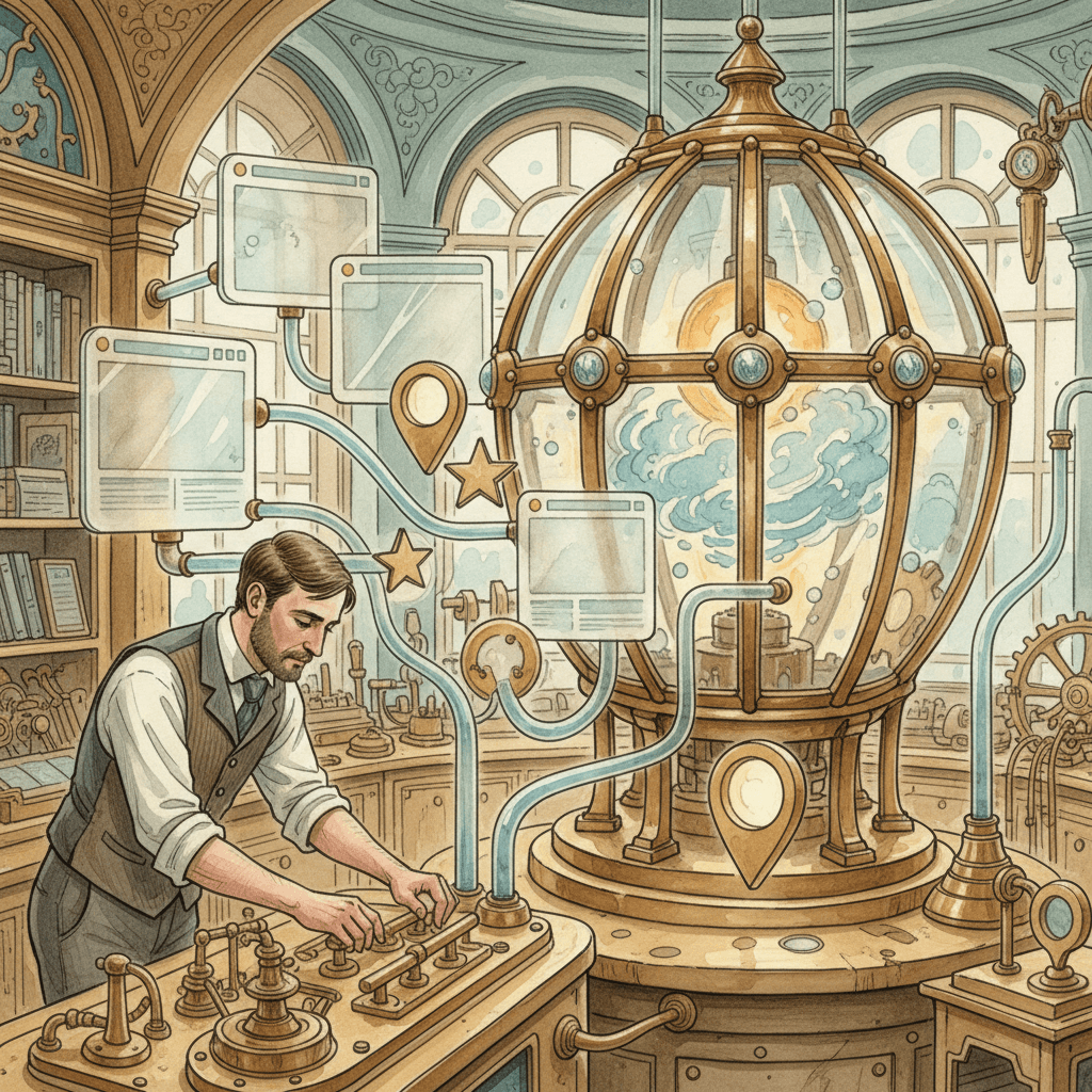 Steampunk watercolour illustration of a Bath business owner checking local business listings, web pages and AI search signals through brass instruments, with no visible text.