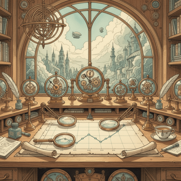 Illustrated vintage brass-and-teal observatory with charts and magnifying lenses, suggesting clearer website reporting