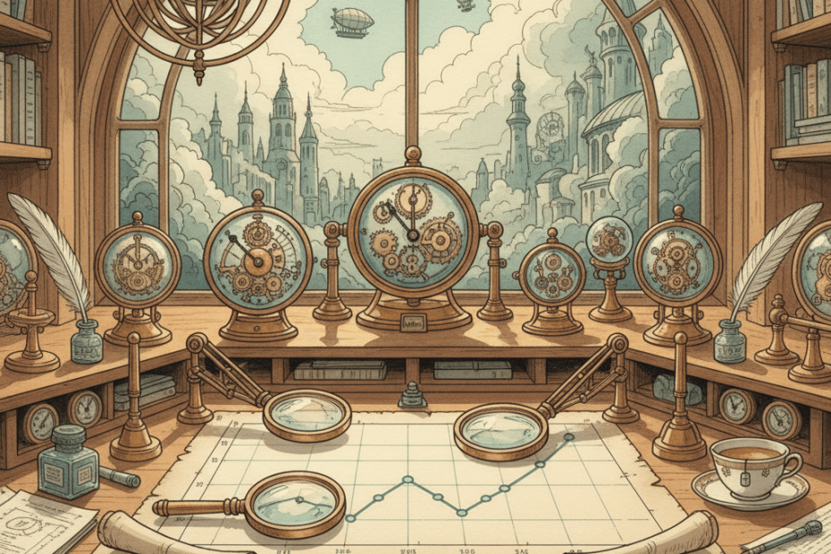 Illustrated vintage brass-and-teal observatory with charts and magnifying lenses, suggesting clearer website reporting