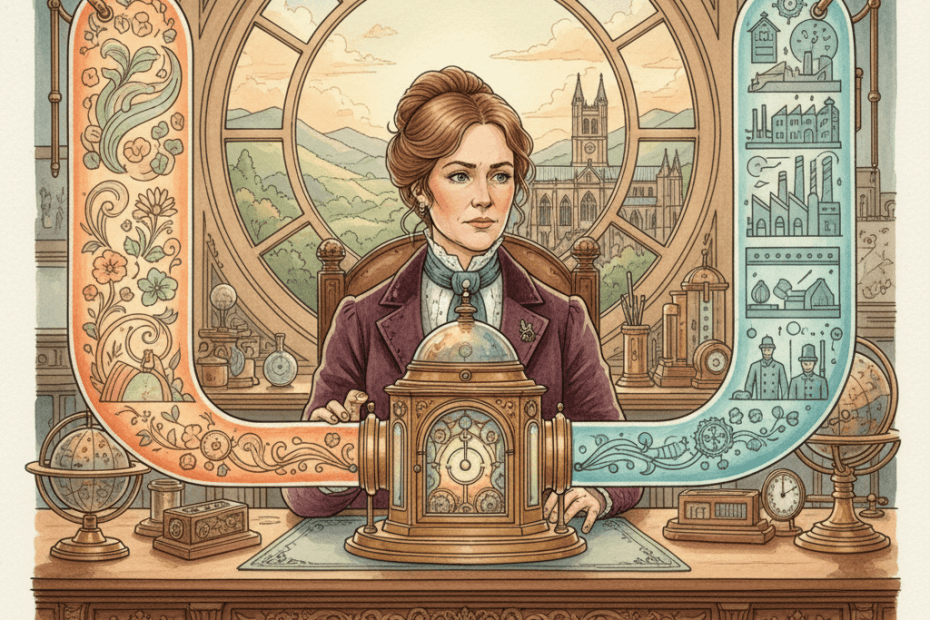 Illustrated vintage brass-and-teal workshop scene with a local business owner inspecting an early AI search machine and carefully balanced sponsored results