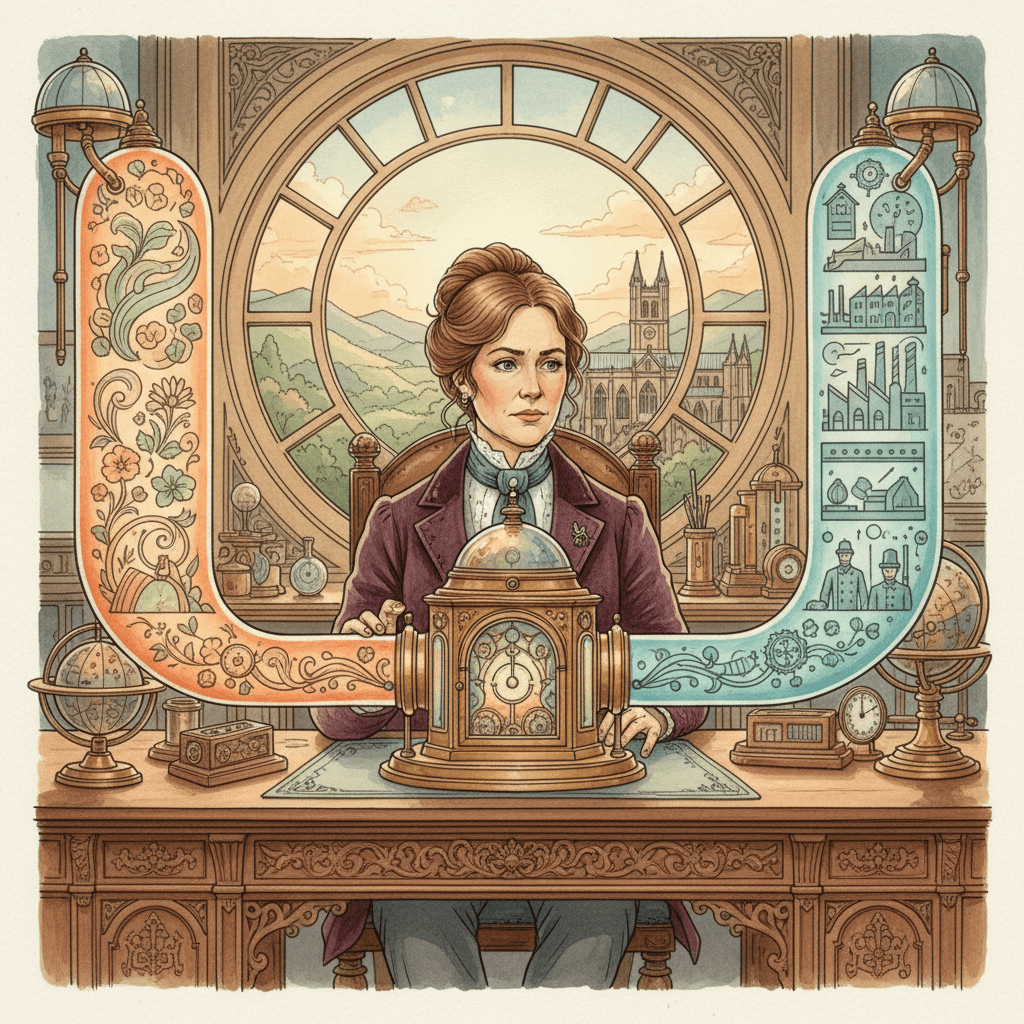 Illustrated vintage brass-and-teal workshop scene with a local business owner inspecting an early AI search machine and carefully balanced sponsored results