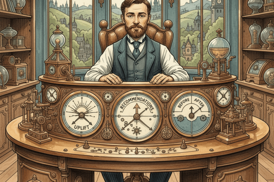 Illustrated Victorian-futurist analyst in a brass-and-teal workshop reviewing recommendation results on a mechanical Google Ads dashboard