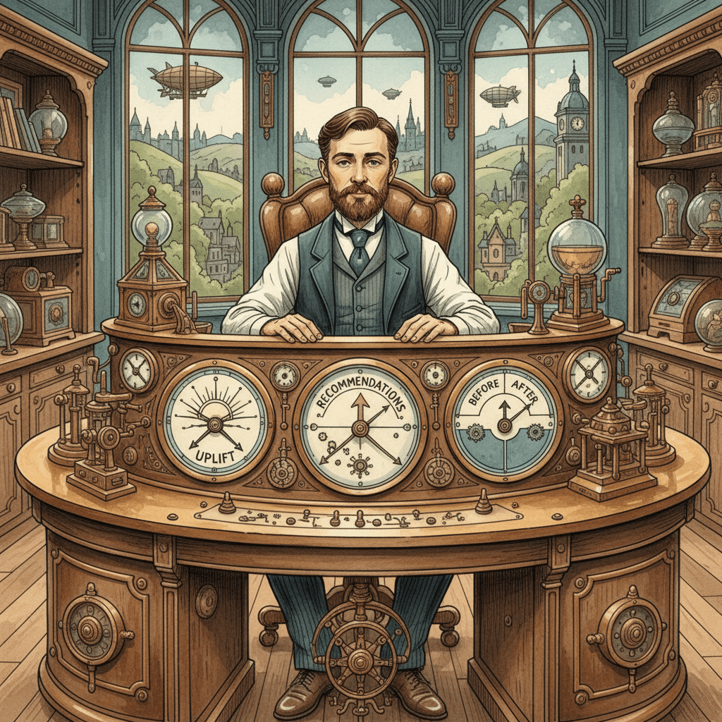 Illustrated Victorian-futurist analyst in a brass-and-teal workshop reviewing recommendation results on a mechanical Google Ads dashboard