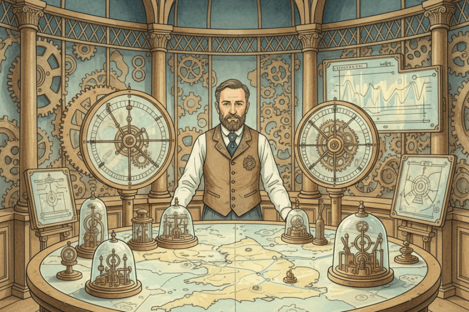 Hand-painted Victorian-futurist map room scene with a Bath business owner reviewing shifting search rankings on brass instruments in warm brass and muted teal tones