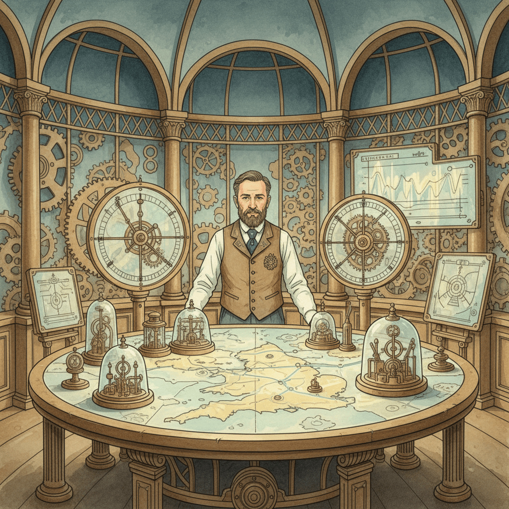 Hand-painted Victorian-futurist map room scene with a Bath business owner reviewing shifting search rankings on brass instruments in warm brass and muted teal tones