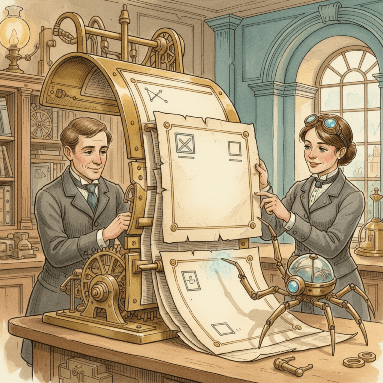 Steampunk watercolour illustration of a South West business owner and engineer carefully trimming a giant brass-and-paper webpage blueprint while a small brass search crawler inspects the important sections, with no visible text.