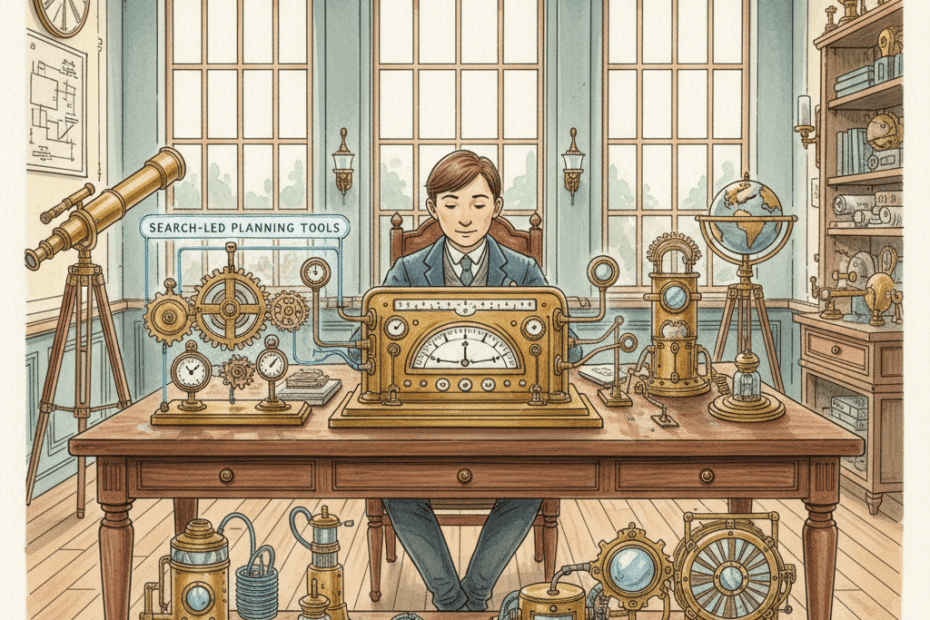Illustrated Victorian-futurist media planner in a brass-and-teal workshop reviewing advertising forecasts on a mechanical dashboard