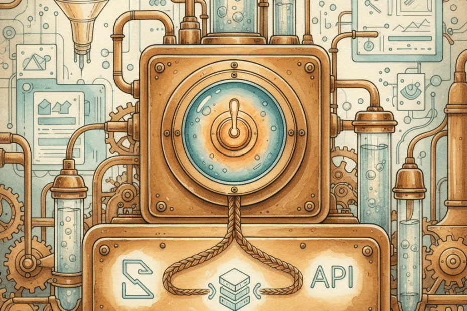 Victorian-futurist marketing workshop with brass instruments and a single glowing switch connecting website tags, data feeds and analytics