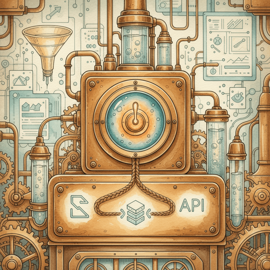 Victorian-futurist marketing workshop with brass instruments and a single glowing switch connecting website tags, data feeds and analytics