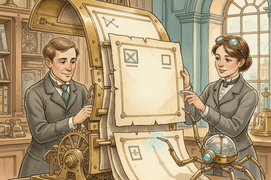 Steampunk watercolour illustration of a South West business owner and engineer carefully trimming a giant brass-and-paper webpage blueprint while a small brass search crawler inspects the important sections, with no visible text.