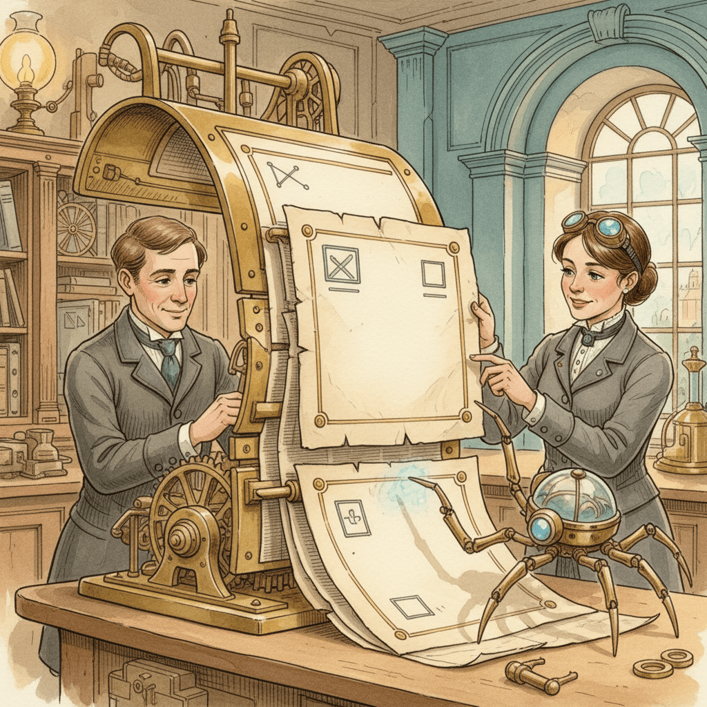 Steampunk watercolour illustration of a South West business owner and engineer carefully trimming a giant brass-and-paper webpage blueprint while a small brass search crawler inspects the important sections, with no visible text.