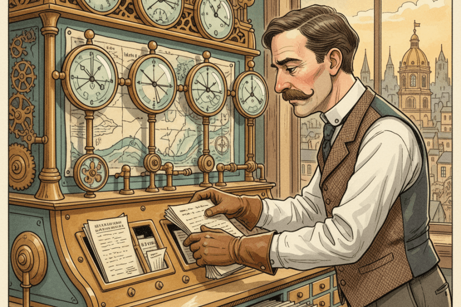 Steampunk watercolour illustration of a local advertiser preserving old campaign reports in brass filing machines and glass data gauges, with no visible text.