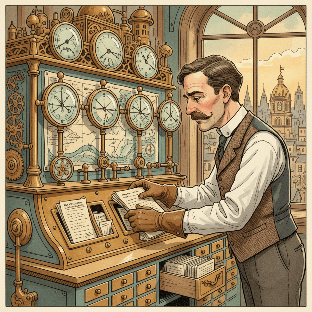 Steampunk watercolour illustration of a local advertiser preserving old campaign reports in brass filing machines and glass data gauges, with no visible text.