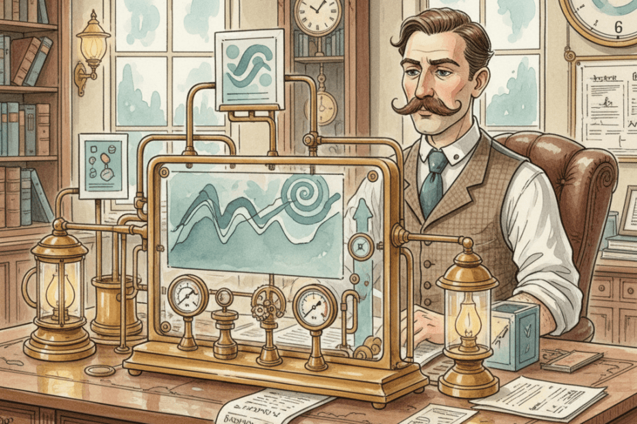 Steampunk watercolour illustration of a local business owner studying a brass search console dashboard with line charts and gauges, with no readable text.