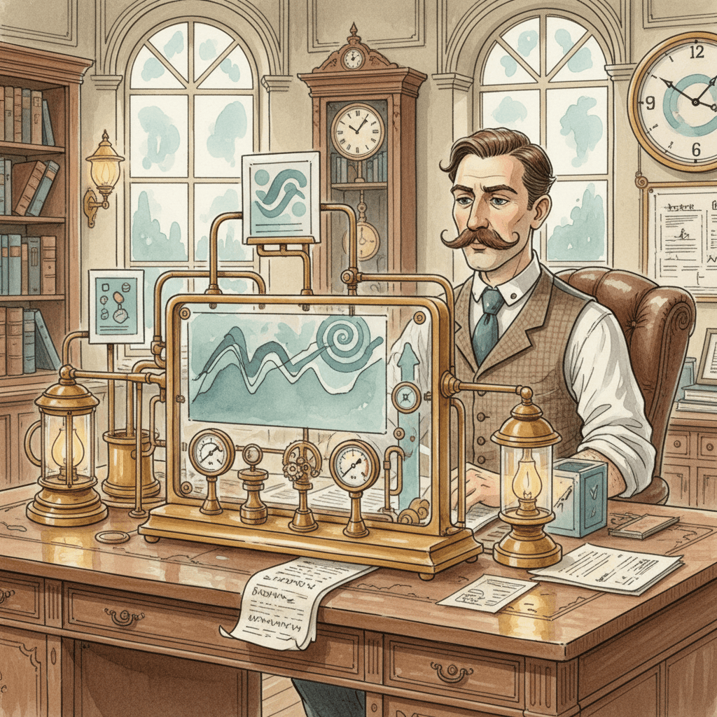 Steampunk watercolour illustration of a local business owner studying a brass search console dashboard with line charts and gauges, with no readable text.