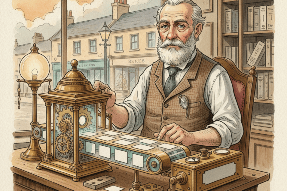 Steampunk watercolour illustration of a South West retailer checking product data in a brass Merchant Center machine, with blank cards and no readable text