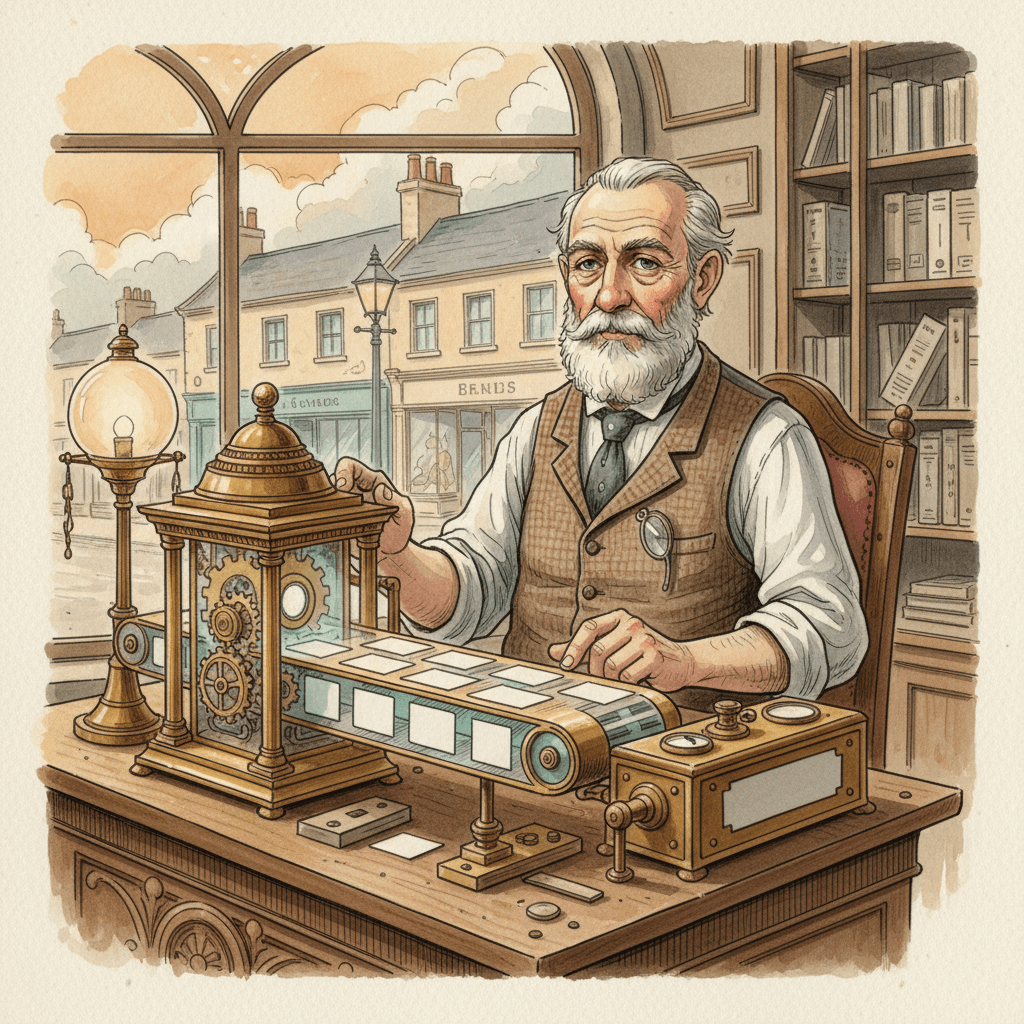 Steampunk watercolour illustration of a South West retailer checking product data in a brass Merchant Center machine, with blank cards and no readable text
