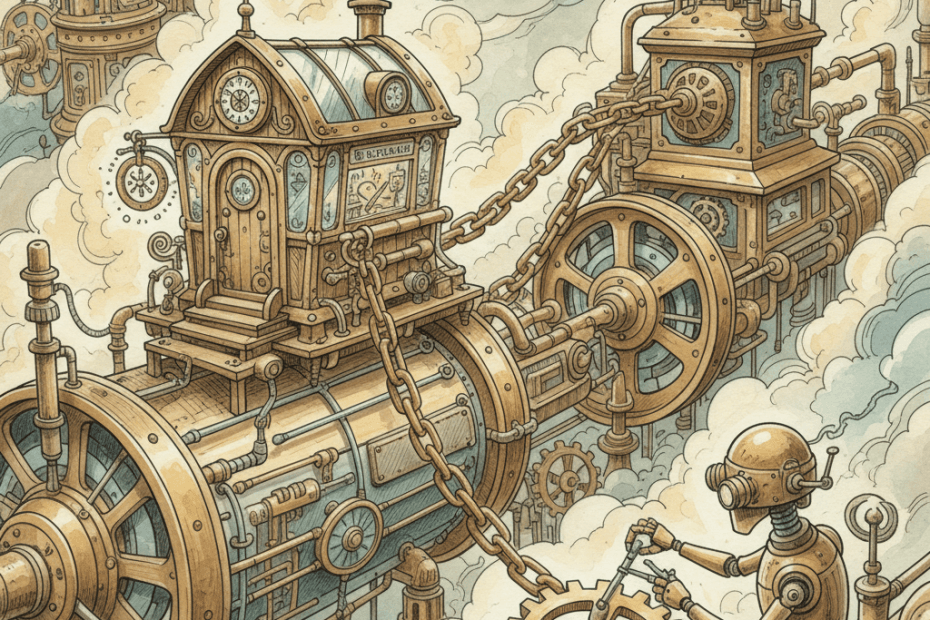 Steampunk watercolour illustration of a Bath business website travelling through brass search machinery with one loose cog being repaired, with no readable text.