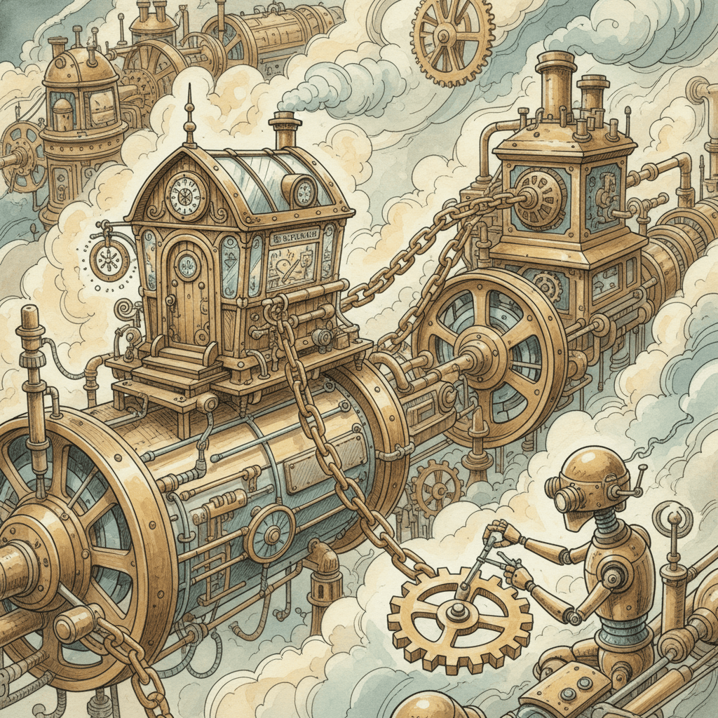 Steampunk watercolour illustration of a Bath business website travelling through brass search machinery with one loose cog being repaired, with no readable text.