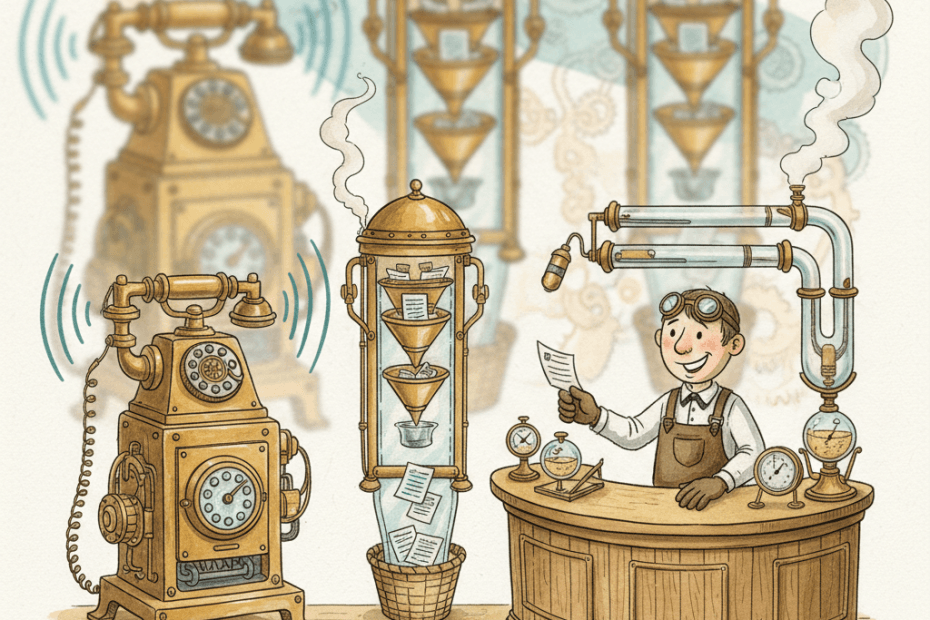Steampunk watercolour illustration of a local business receiving phone, form and message enquiries through brass Google Ads machinery, with no readable text.