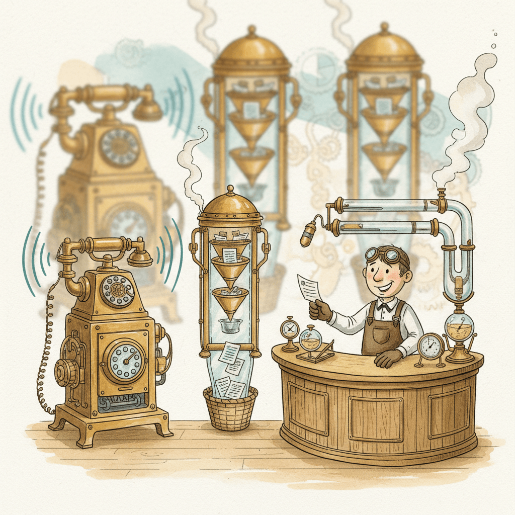 Steampunk watercolour illustration of a local business receiving phone, form and message enquiries through brass Google Ads machinery, with no readable text.